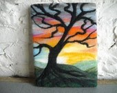 abstract tree at sunset, wet felted fiber art