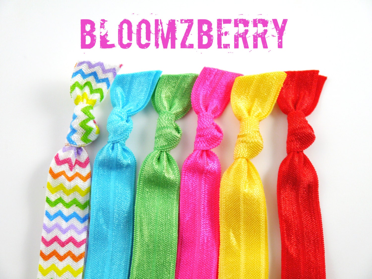 New 6 pcs Elastic Hair Tie - Rainbow Set - Chevron Rainbow, Hot Pink, Apple Green, Yellow, Turquoise and Red - Toddler to Adult