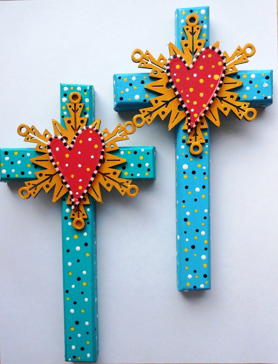 Valentines day one of a kind found objects hand painted heart wood cross