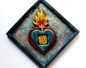 ooak hand painted aluminum wood framed SACRED HEART plaque