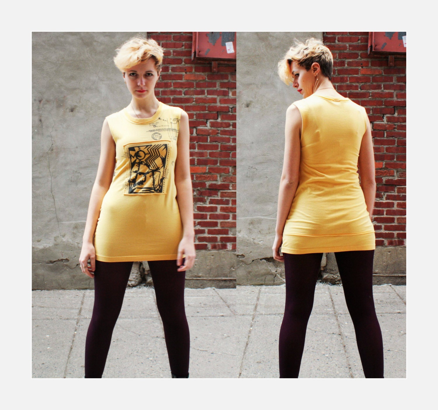 eco tshirt mini dress. summer sun dress in yellow with city graphic screenprint. one of a kind. size small to medium. ready to ship