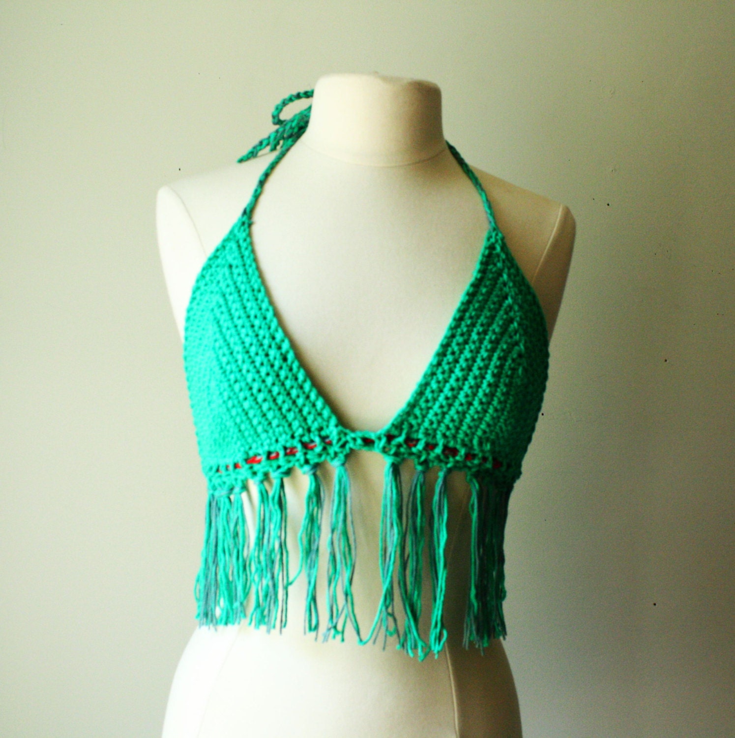 crochet bikini tops with fringe in TEAL. made to order in your size. waterproof and festival ready