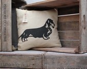 Bertie Wire Haired Dachshund Dog Hand Screen Printed Beige Cushion by Anna-Marie Bush