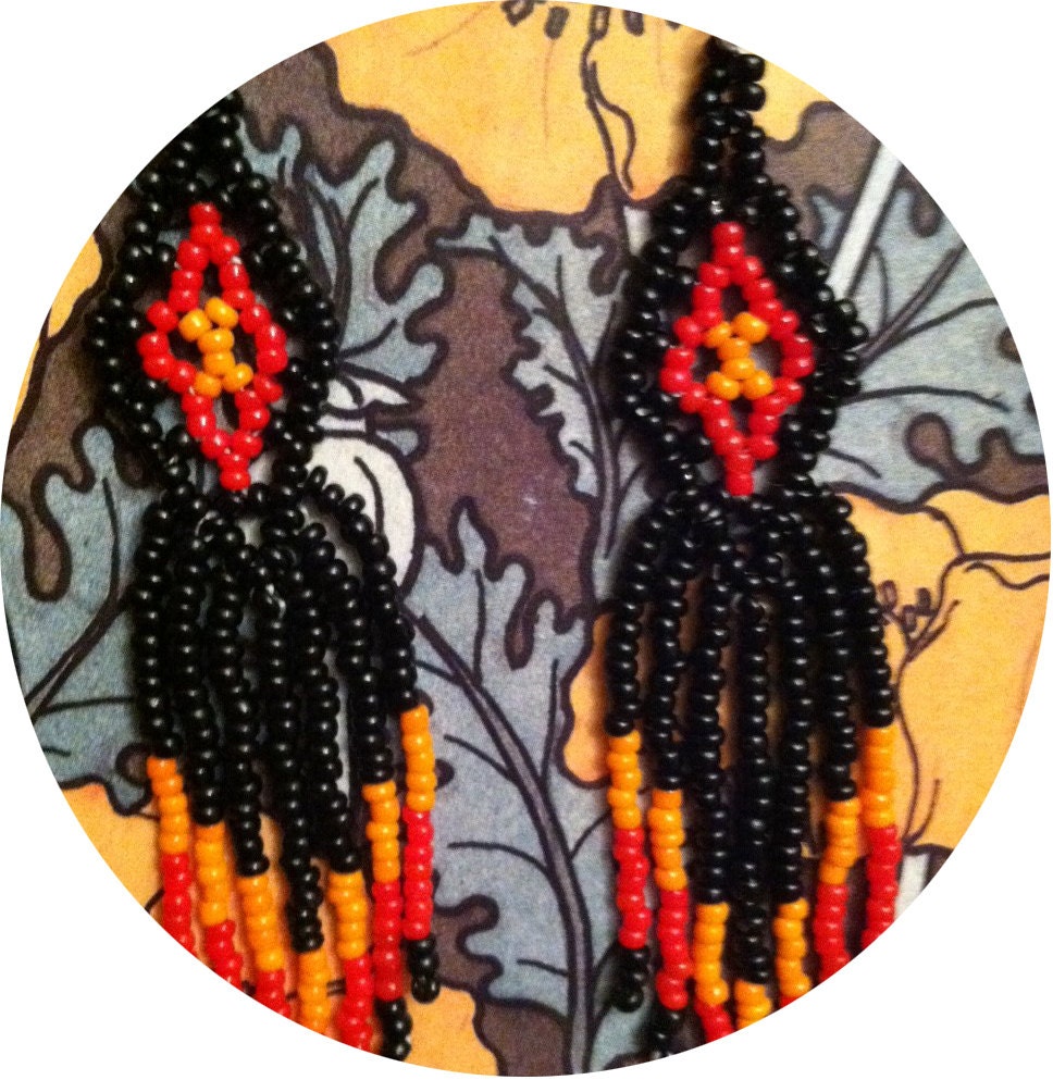 Night Fire Fringe Bead Earrings - Southwestern Native American - Long -- Handmade