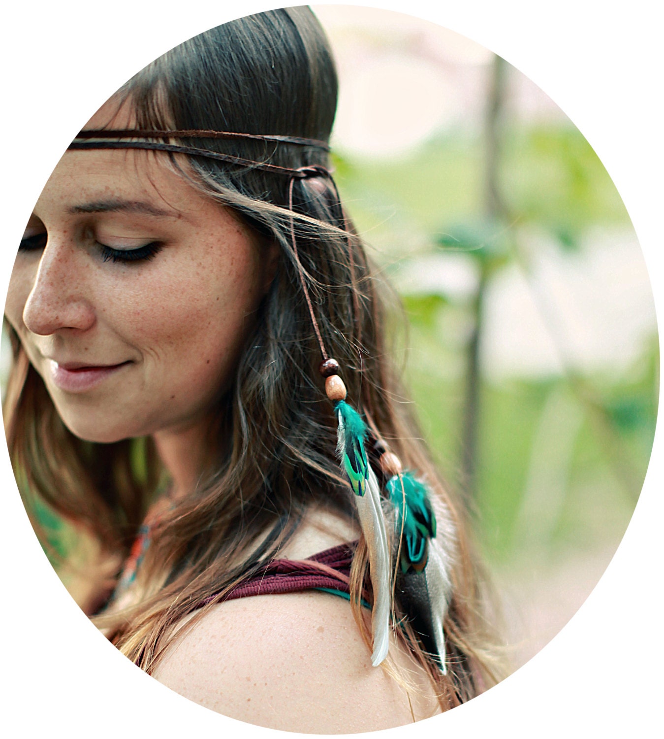 Multi-Use Leather & Feather Headband, Armband, Necklace, Belt - w/ Turquoise, Brown, and White