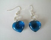Drop earrings with blue glass hearts and silver coloured wires