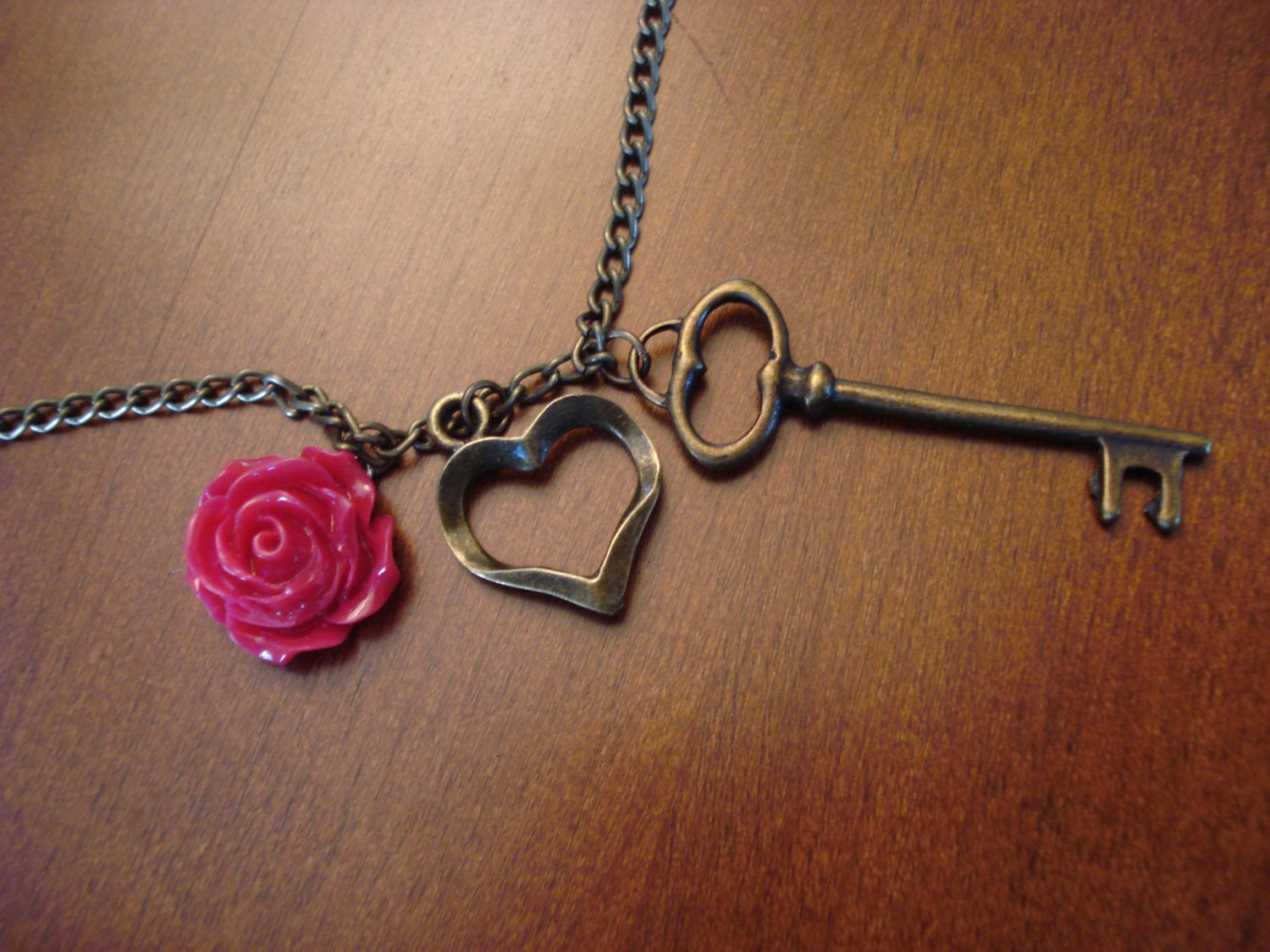 Red Love Rose on Long Necklace with Antiqued Key and Heart Charm -  30 inches.