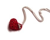 Red Heart Necklace, Crochet Love Necklace, Crochet Heart, Silver Plated, Chain Heart Necklace, Gift for Her