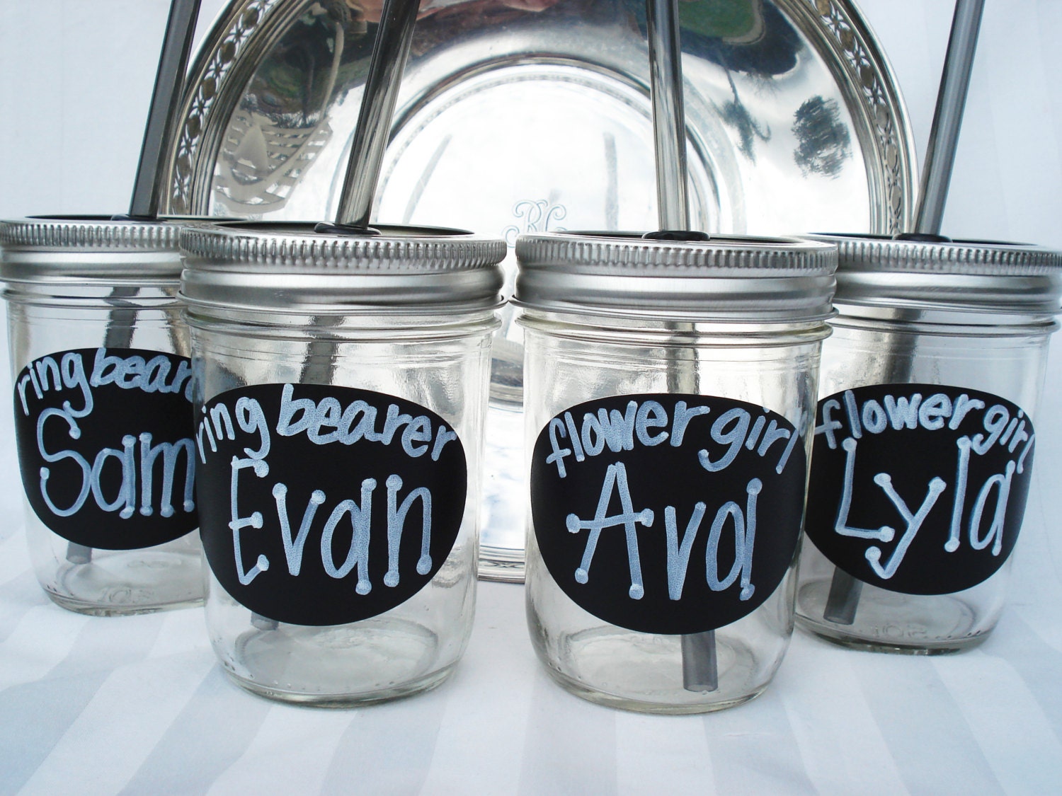 SIX Wedding Mason Jars Kids PERSONALIZED Wedding Party Drinks Flowergirl Ring Bearer with your choice of colors for BPA Free Straws (6)