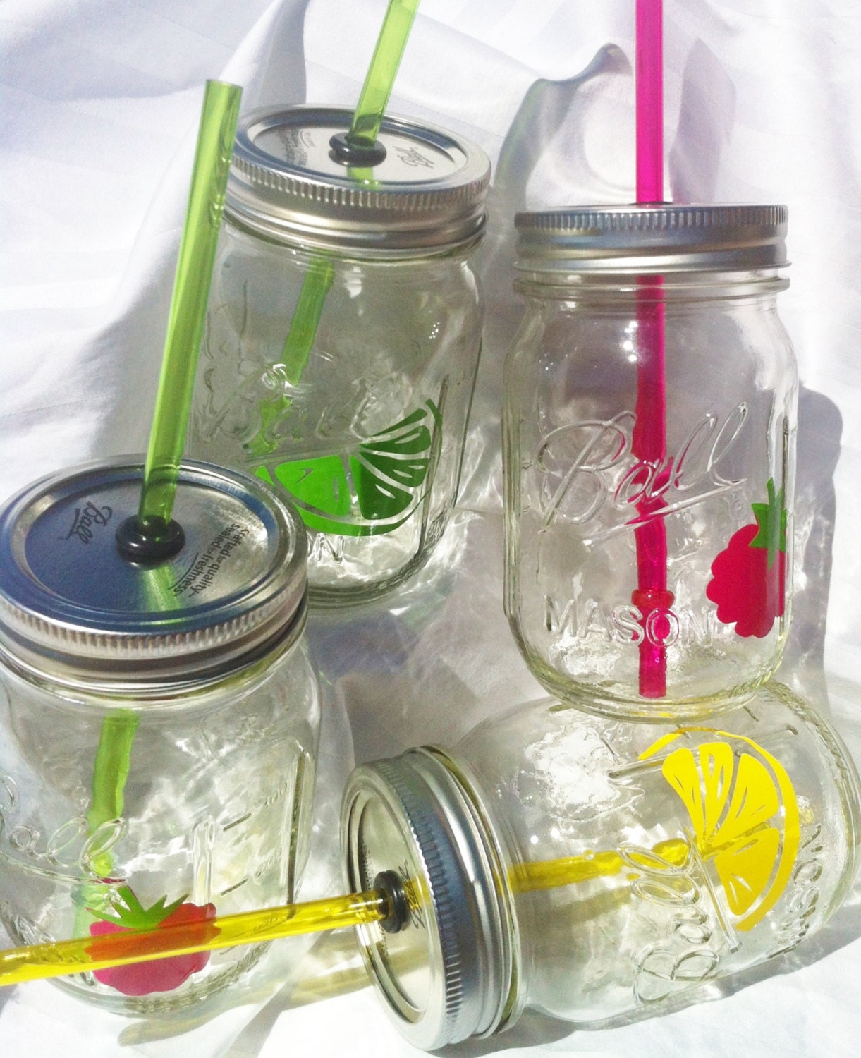 Lemonade Limeade Pink Lemonade Raspberry Mason Jar Mix and Match Party Sippers with matching Reusable BPA Free Straws (4)