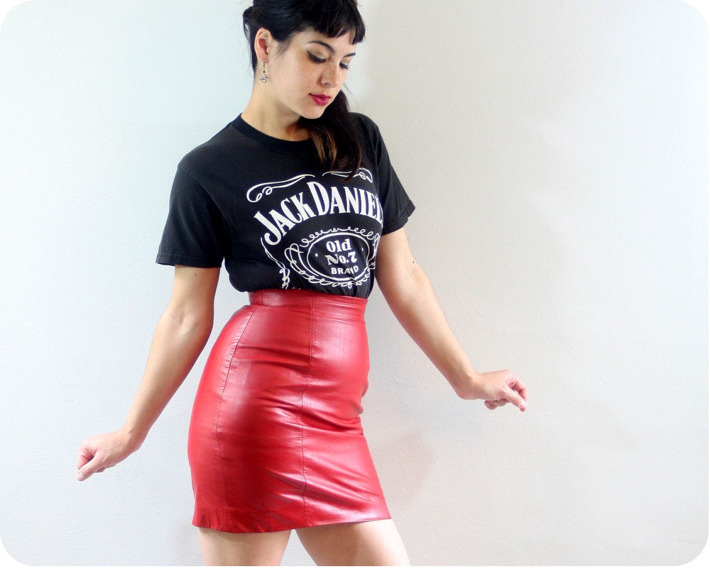 90s RED HOT LEATHER Mini Skirt - Vintage High Waist Sexy Tight Pencil Skirt - extra small