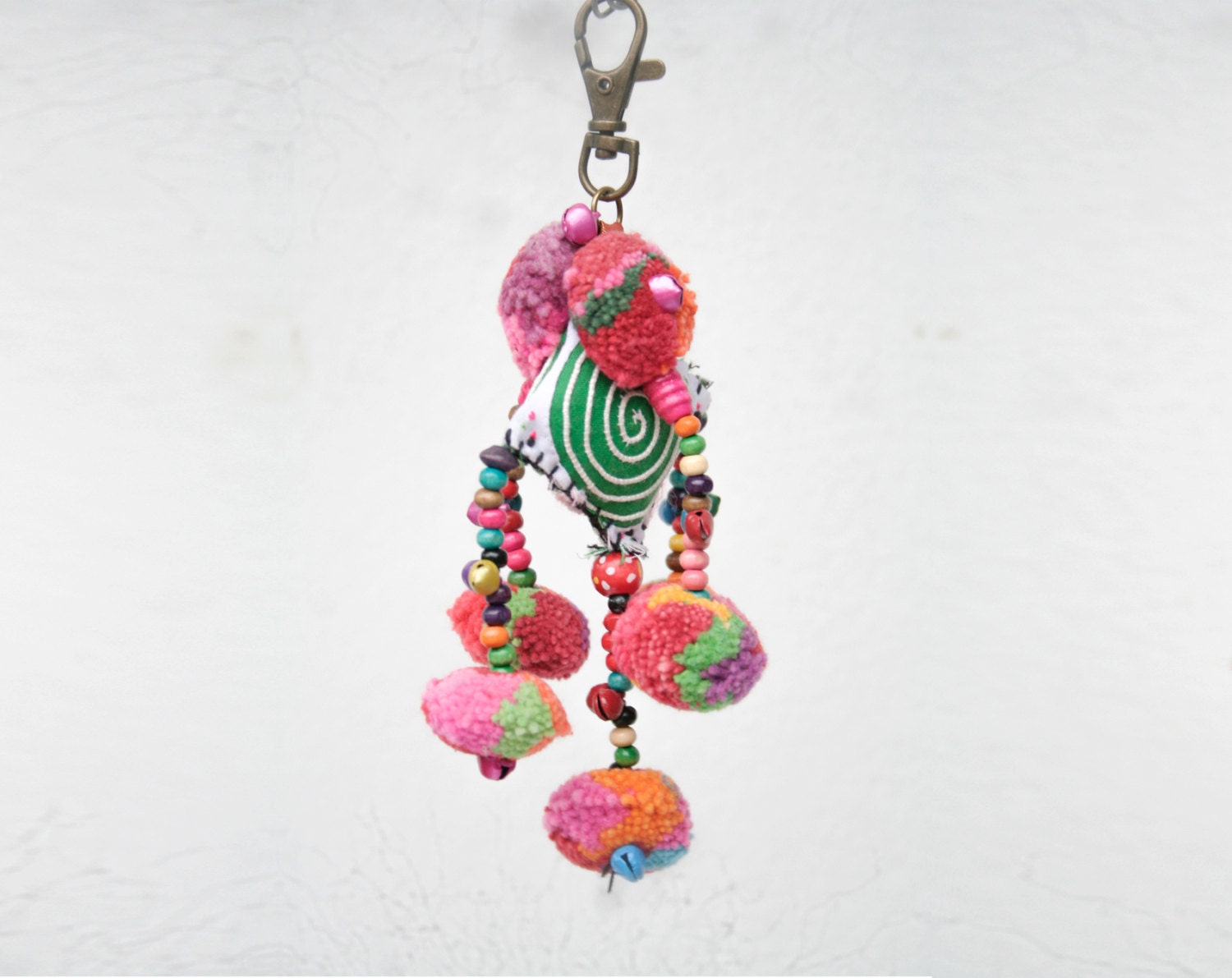 Tribal Keychain Ethnic Embroidered With Bead , Boho, Gypsy, Hippie Charm/Dangle