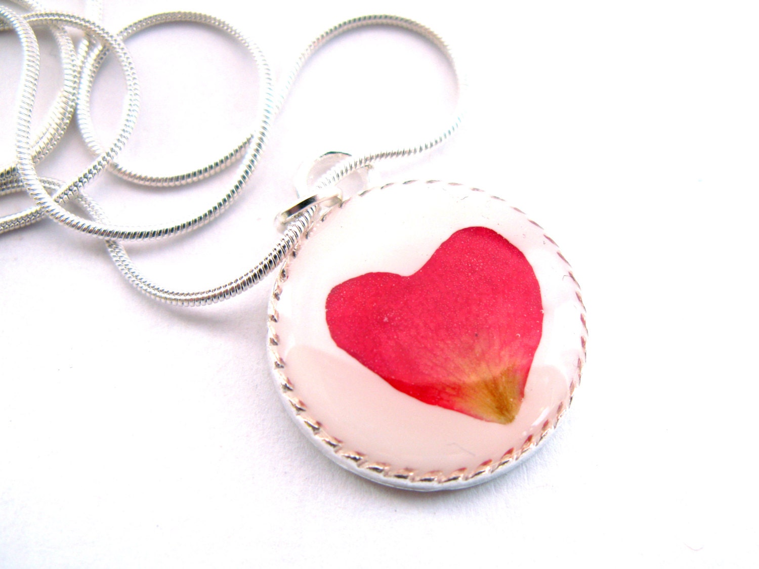 Heart Rose Petal Resin Pendant Necklace -  Real Pressed Rose Petal Encased in Resin, Pressed Flower Jewelry