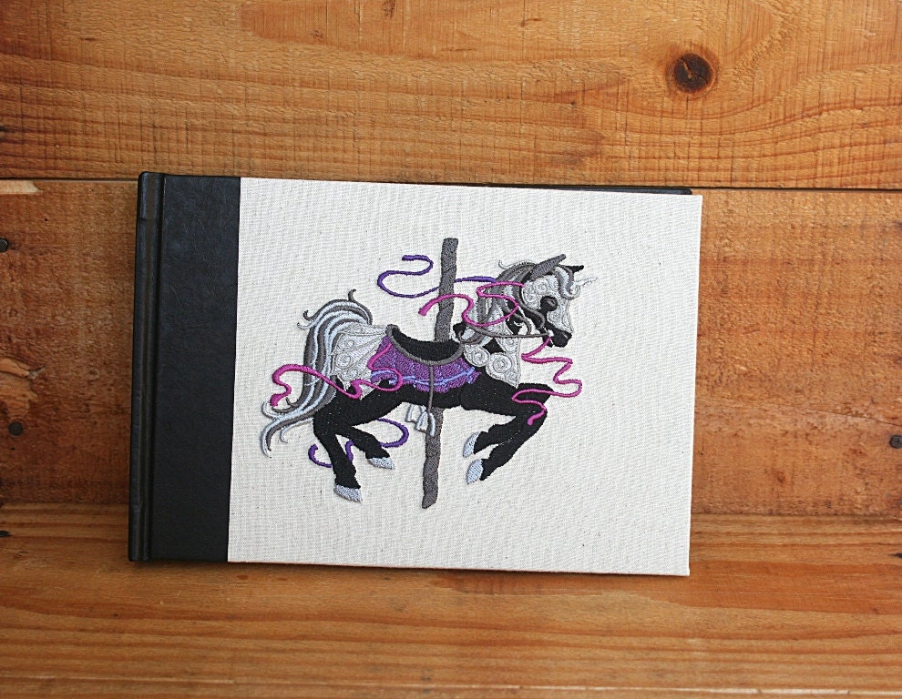 Embroidered & Kangaroo Leather hard cover Journal, album, guestbook - Dark horse carousel