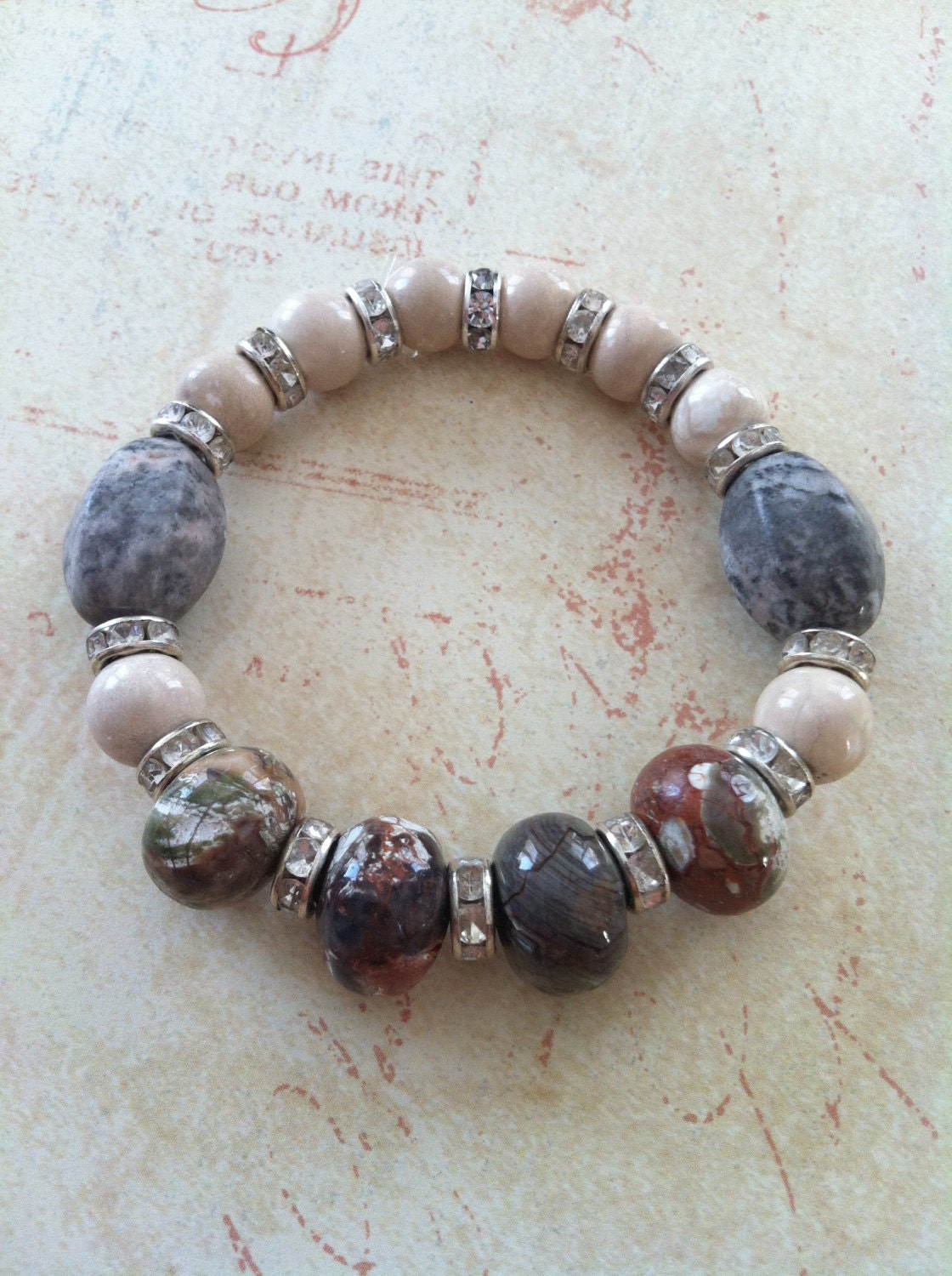 Stretchy Chunky Mixed Multi Beaded Bracelet Ocean Jasper with Rhinestone Spacers and beige Beads