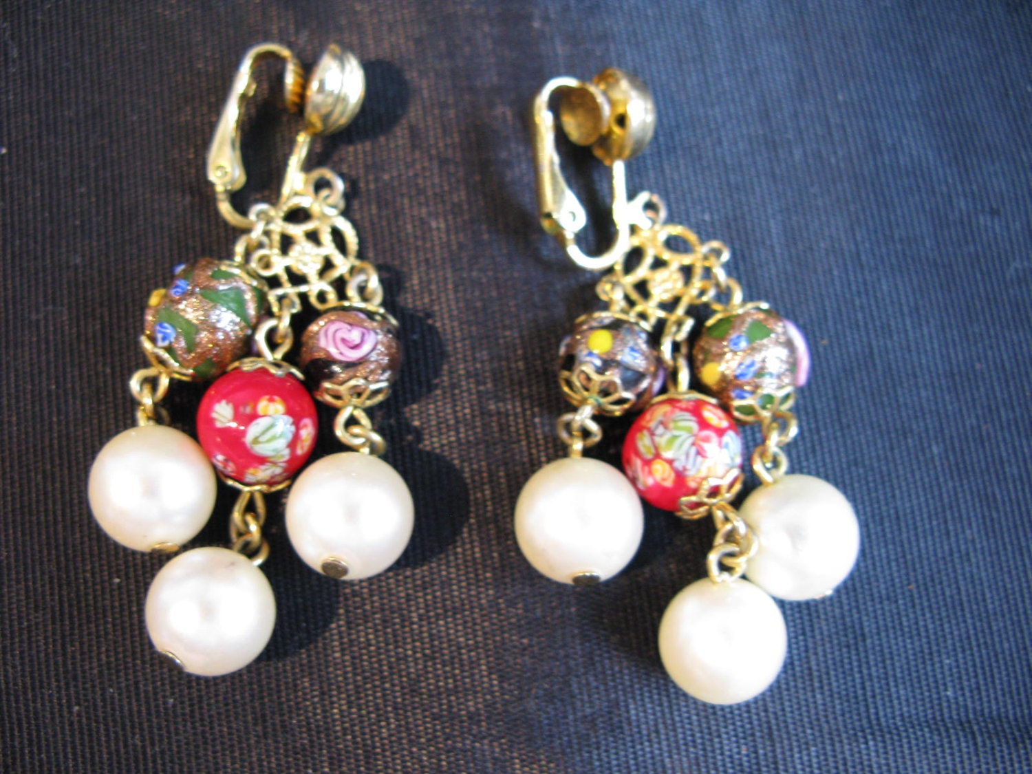 Dangling Earrings Vintage Glass Jewelry Dangle, Vintage Murano Glass, Millefiori Glass beads, Venetian wedding cake beads