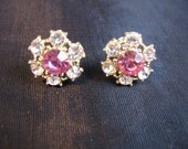 Vintage Rhinestones Earrings, Screw Back Flower Earrings, Pink and White Rhinestones