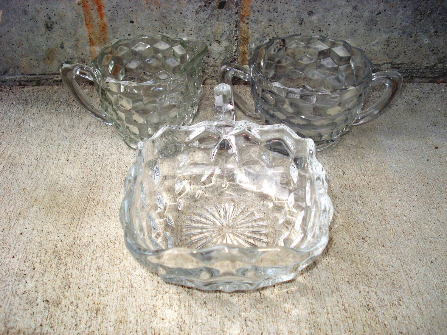 Vintage Fostoria American 3 Piece Set Glass Cream Sugar And Relish