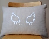 Hand Printed Decorative Pillow Case in Our Little Hen Design on Linen with Marimekko Sade Backing or Gray Silver Dot Backing size 12 by 16
