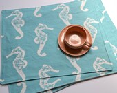 Set of Four Sea Horse Placemats with Natural Canvas Backing in Teal Blue and White size 14 by 17
