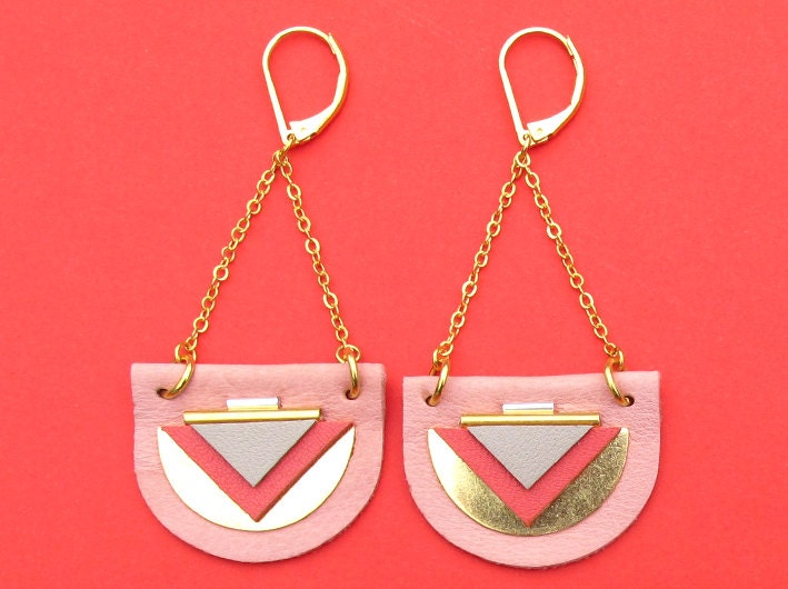 Lune pendant earrings pink, triangles in leather, embroideries