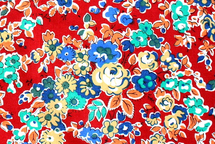 Tatum Red Aqua Green Yellow Retro Floral Large Fat Eighth Liberty of London Tana Lawn Fabric