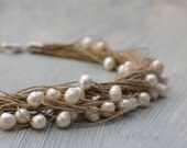 Pearl Linen Necklace White Pearl Necklace - Wedding Jewelry, Organic Rustic Bride, Nature Inspired