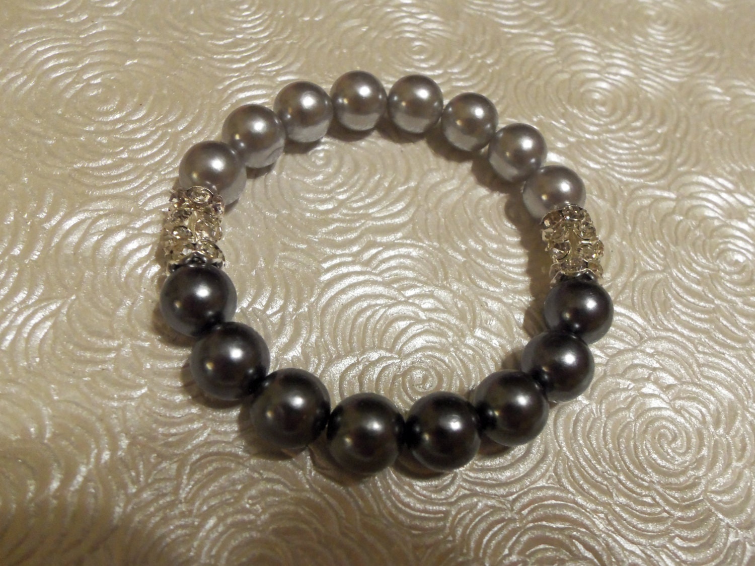 Handmade Silver and Slate Gray Rhinestone Glass Pearl Beaded Stretch FLOWER GIRL BRACELET, Girls, Children's, Wedding Jewelry