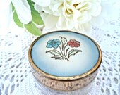 Vintage Glass Jar with Enameled Floral Lid - Trinket Jar/Tea Light Holder Blue Flower Lid