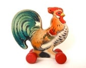 Vintage wooden rooster- German vintage toy on wheels