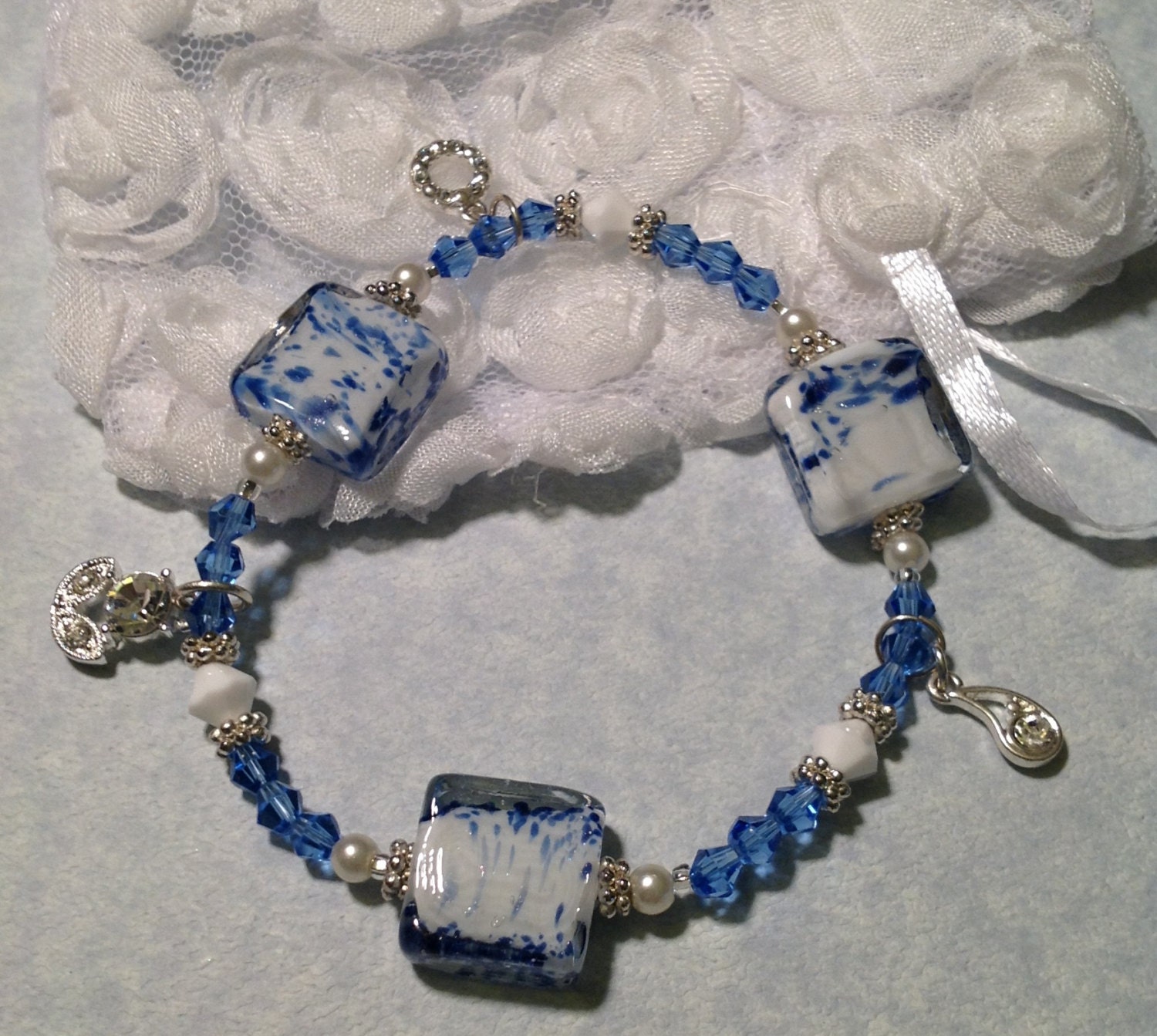 Blue Chalk White Swarovski Crystals Pearl Lamp Work Charm Bracelet