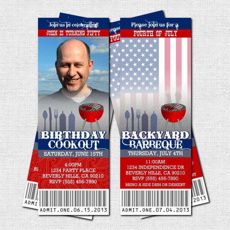 4TH OF JULY BBQ Ticket Invitations Backyard Barbeque Birthday Party - (print your own) Personalized Printable