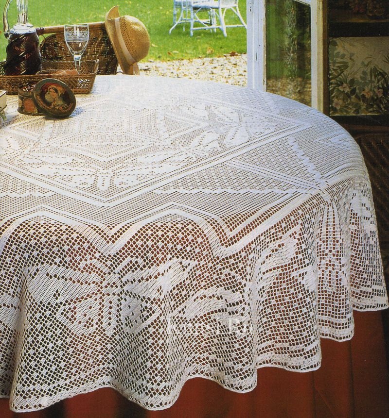 Round Crochet Tablecloth, Bridal Shower Gift, White, Filet Crochet, Table Decoration, Romantic Home