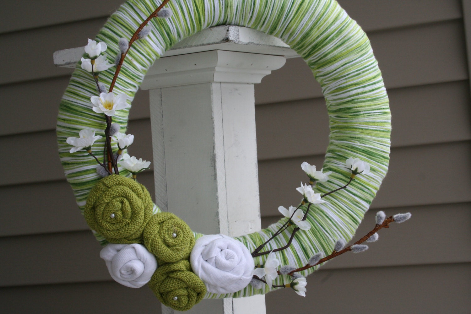 Spring Yarn Wreath/Pussy Willow/Forsythia/Burlap Flowers/White Denim Flowers/Mothers Day