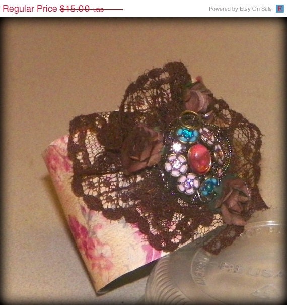 ON SALE Cuff Bracelet Upcycled Recycled From Vintage Vinyl Record And Lace Eco Friendly