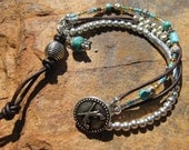 Leather Western Layers - African Turquoise, Silver Bracelet, Country Western, Bucking Bronc