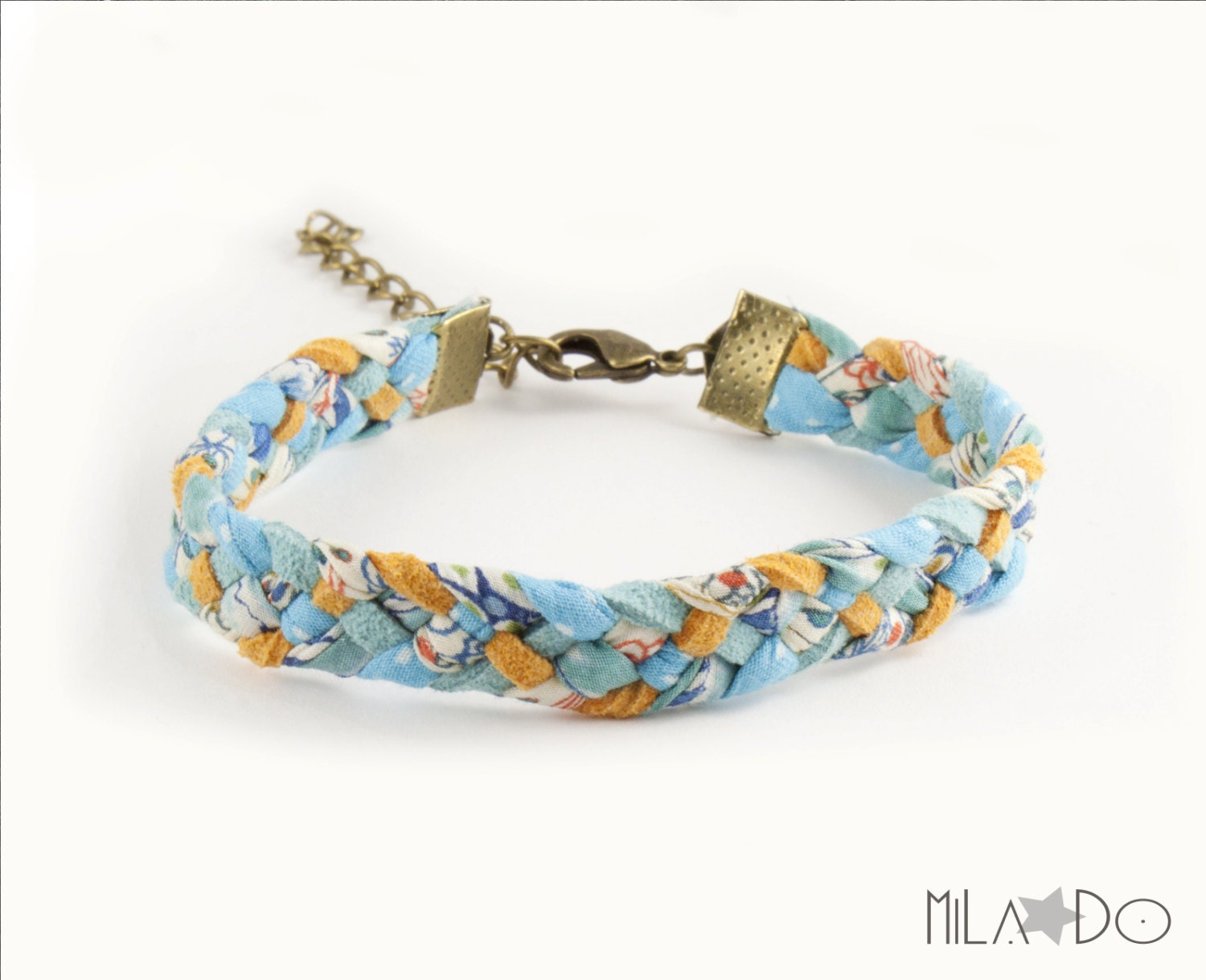 Orange, blue and white bronze braided bracelet - wrap bracelet - Friendship bracelet