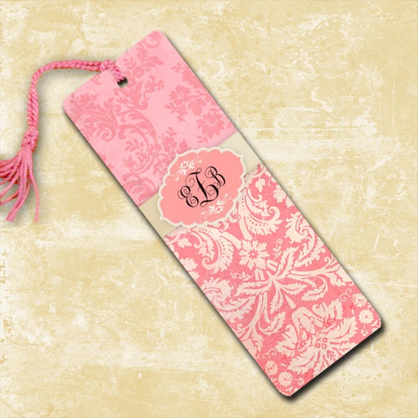 Monogrammed bookmark, soft pink distressed damasks,  personalised book mark, custom monogram book mark (9757)