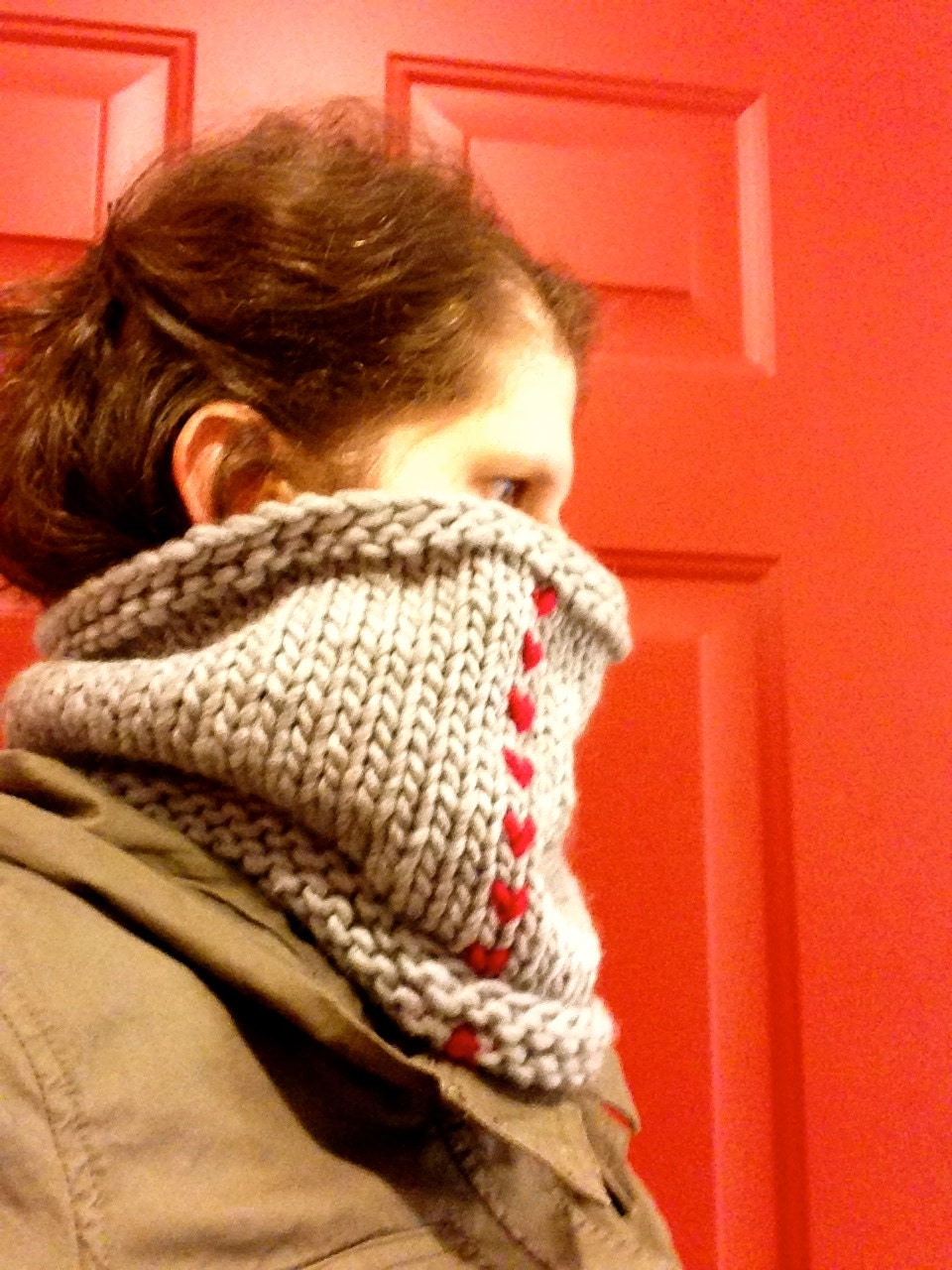 Handmade knit grey and red cowl with hearts love valentines wool scarf neck accessory winter fall january soft