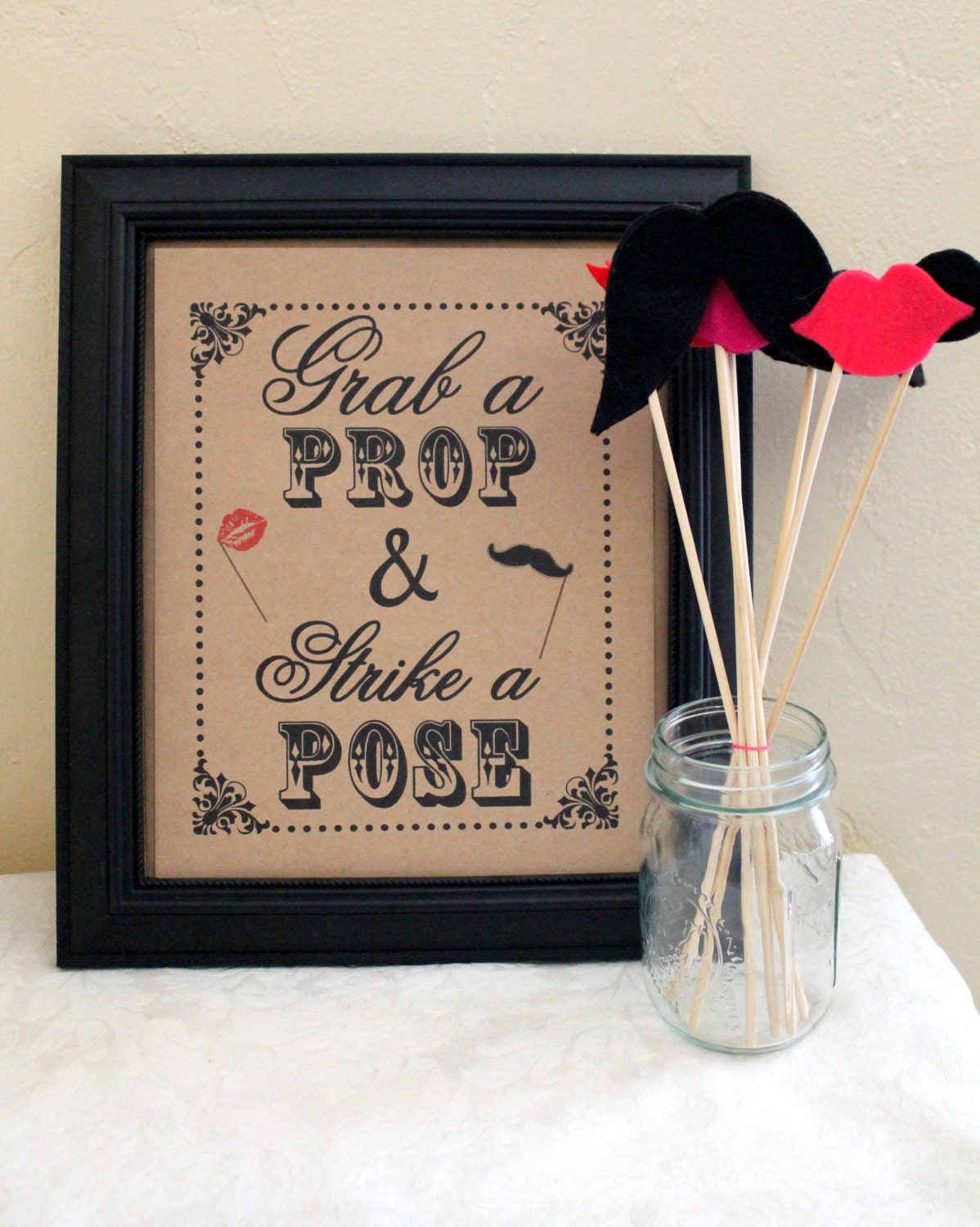 8 x 10 Vintage Look Photo Booth - Grab A Prop & Strike A Pose -Prop Sign- Single Sheet Photo Booth Sign - Brown Kraft (Style: STRIKE POSE)