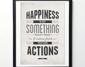 Happiness inspirational quote poster - Happiness is not something ready made - Retro-style typography quote art wall decor A3