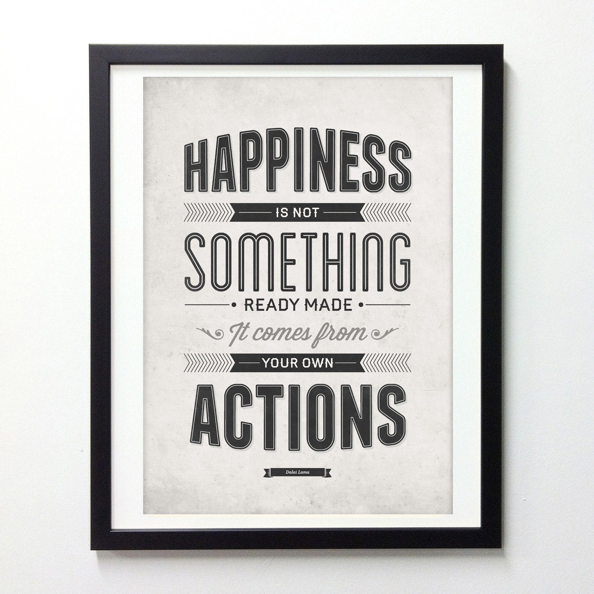 Happiness inspirational quote poster - Happiness is not something ready made - Retro-style typography quote art wall decor A3