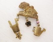 1940s brooch pin. brass house watering can wheelbarrow tools. PRAIRIE JARDINIERES.