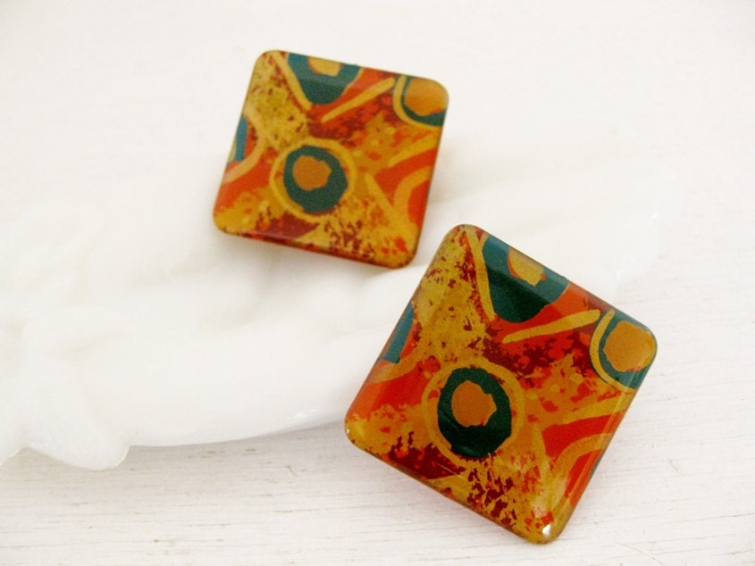 vintage 1980s Geometric ethnic earrings. Bright, Bold, Colorful. AFRICA