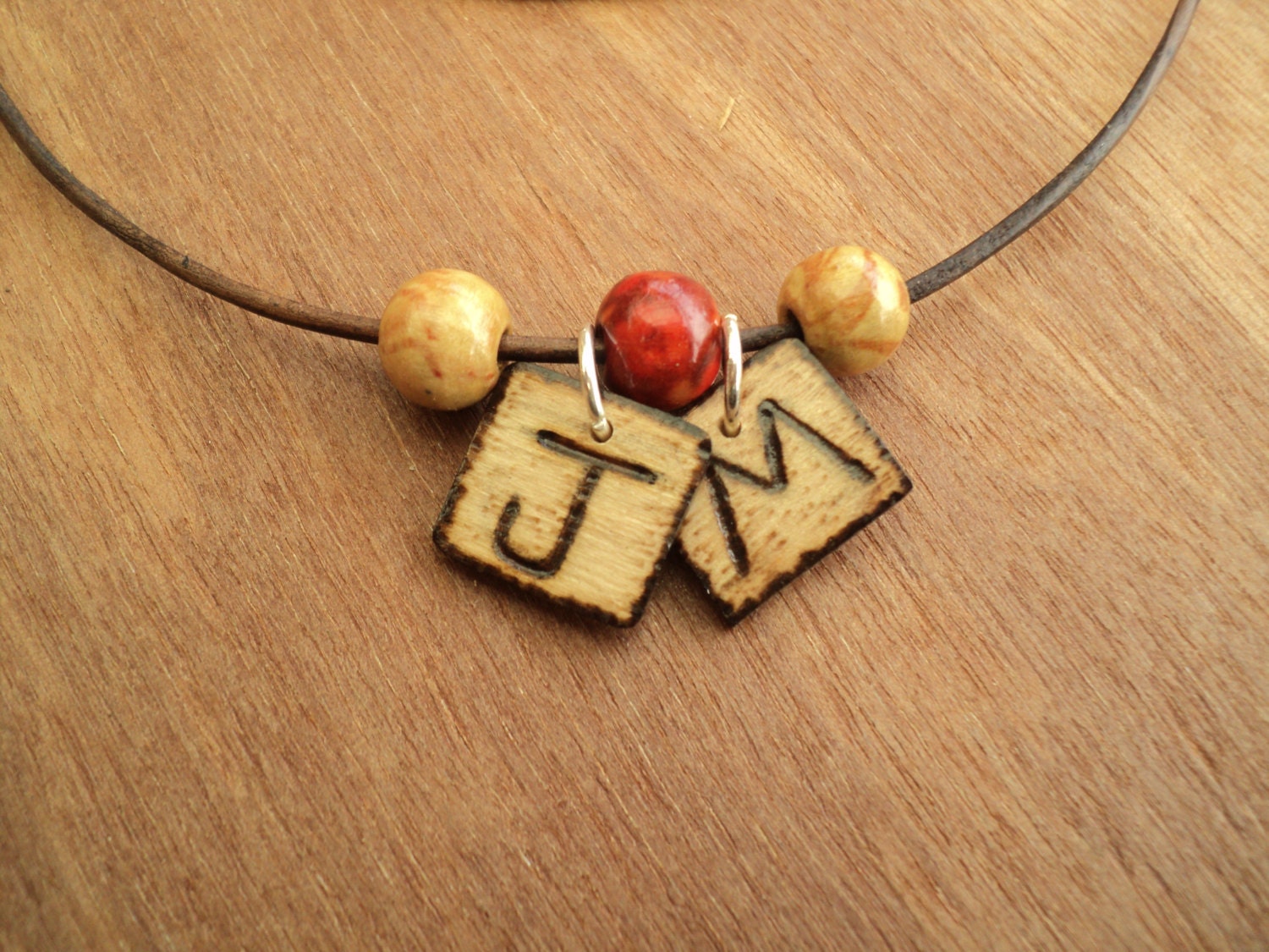 Personalized Custom Wood and Leather Initial Necklace