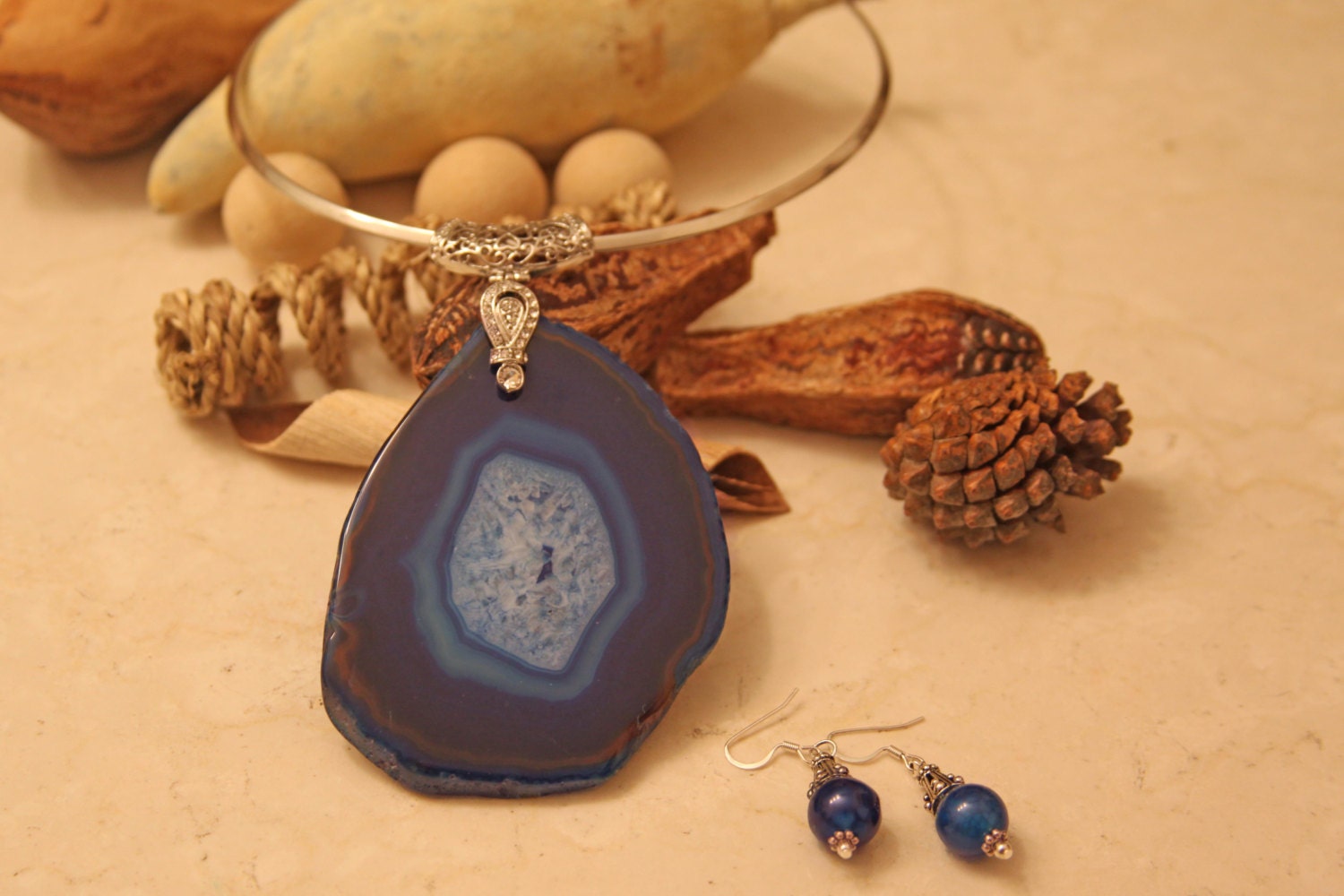 Stunning Blue Agate Druzy Geode Necklace Set