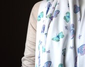 Jersey knit Infinity scarf cotton blue aqua  white pastel  butterfly cowl handmade neutral