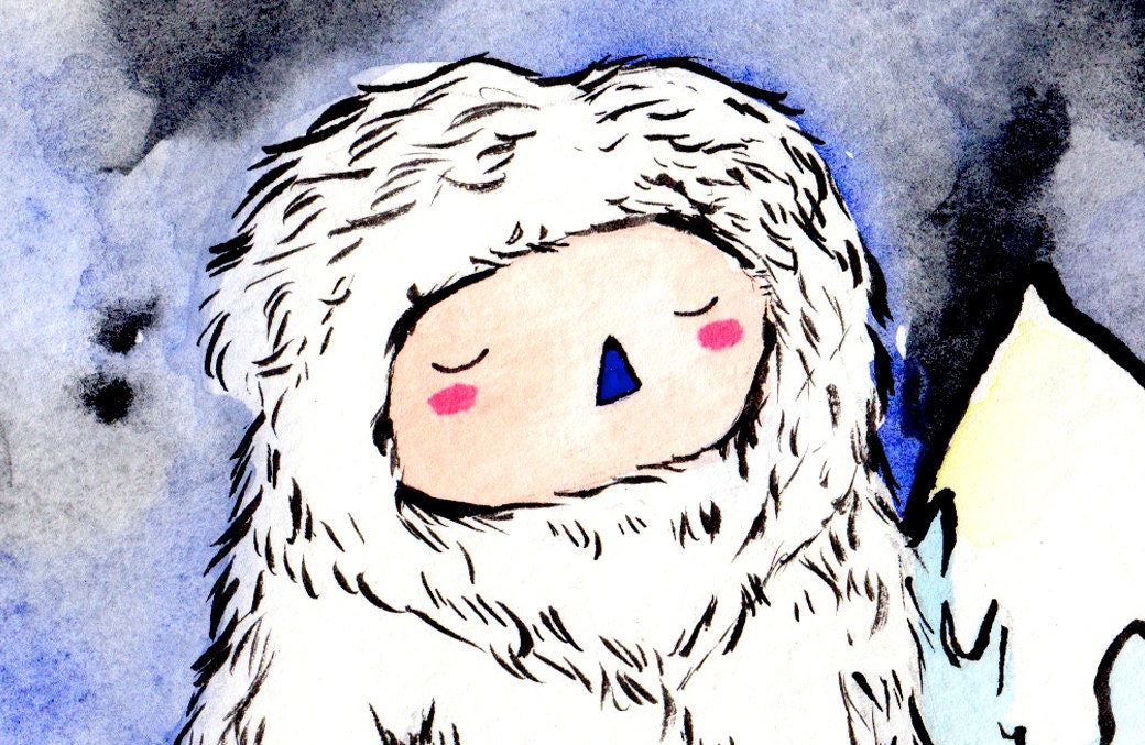 Yeti / Abominable Snowman Print of a Watercolor Painting, Snow Art Drawing Winter Cold Chilly