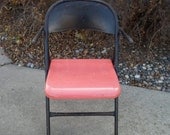 SPRING SALE Vintage Mid Century Modern Metal Folding Chair with Arms Black with a Orange Seat Chippy Paint Cottage Chic