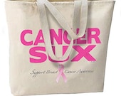 Cancer Sux New Large Natural Cotton Tote Bag, Pink Ribbon Awareness